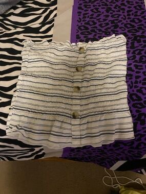 Style Envy White and Navy Striped Smocked Button Tube Top